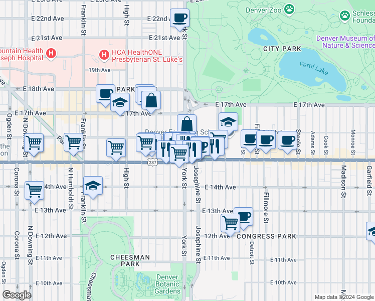 map of restaurants, bars, coffee shops, grocery stores, and more near 1544 York Street in Denver