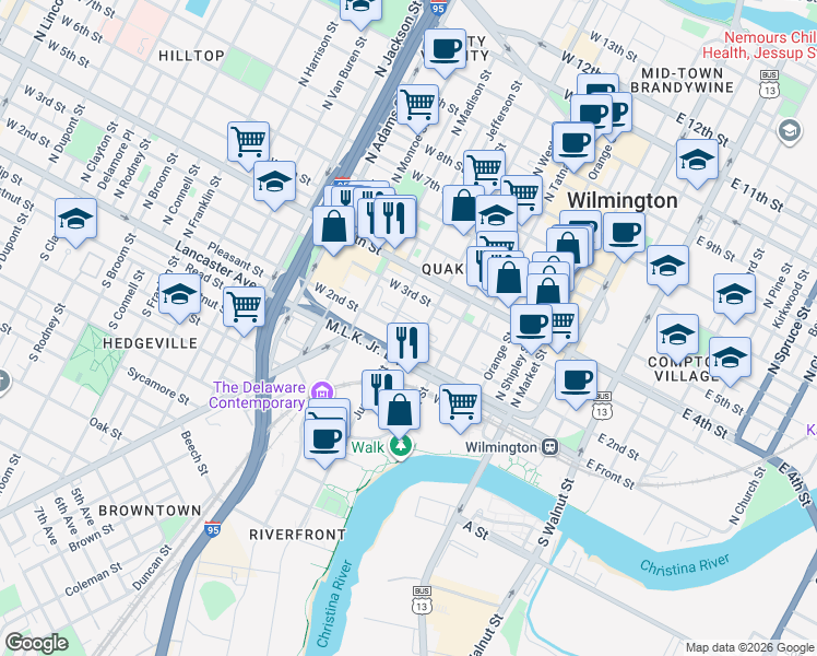 map of restaurants, bars, coffee shops, grocery stores, and more near 513 Lafayette Boulevard in Wilmington