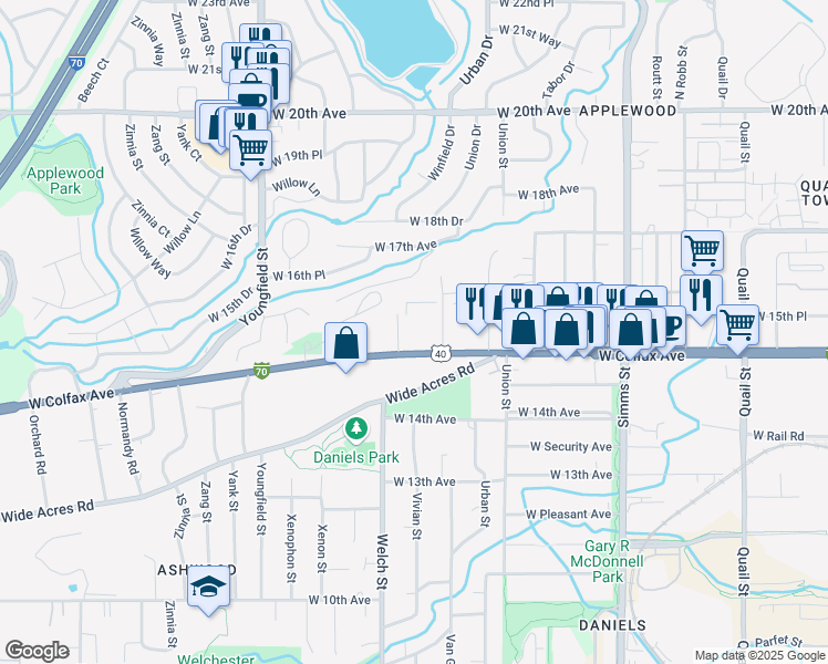 map of restaurants, bars, coffee shops, grocery stores, and more near 12345 West Colfax Avenue in Lakewood