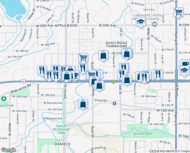 map of restaurants, bars, coffee shops, grocery stores, and more near 11199 West Colfax Avenue in Lakewood