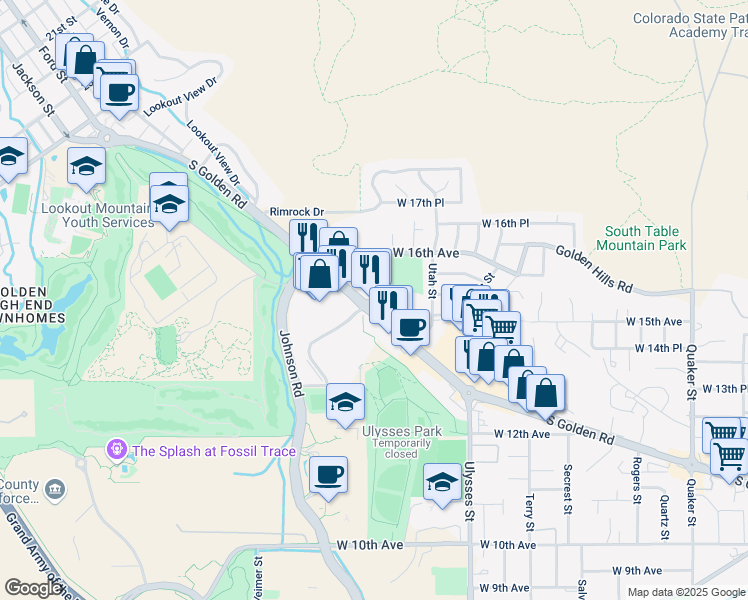 map of restaurants, bars, coffee shops, grocery stores, and more near 17535 South Golden Road in Golden