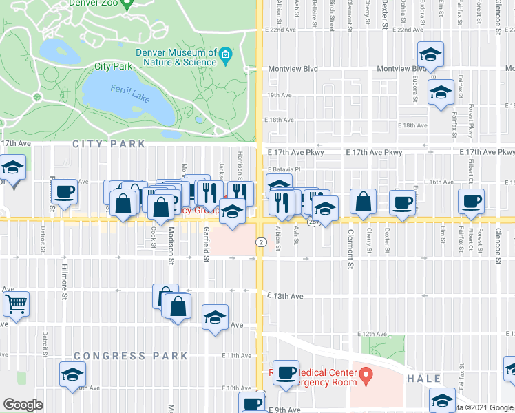 map of restaurants, bars, coffee shops, grocery stores, and more near 1537 Highway 2 in Denver