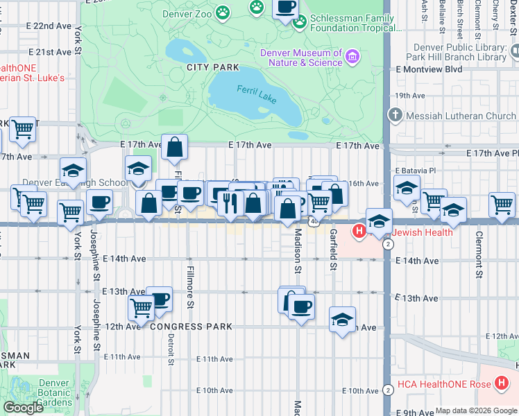 map of restaurants, bars, coffee shops, grocery stores, and more near 1541 Adams Street in Denver