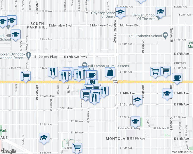 map of restaurants, bars, coffee shops, grocery stores, and more near 1530 Krameria Street in Denver