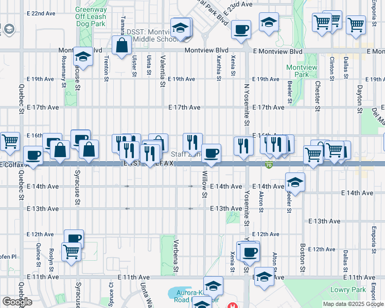 map of restaurants, bars, coffee shops, grocery stores, and more near 1524 Wabash Street in Denver