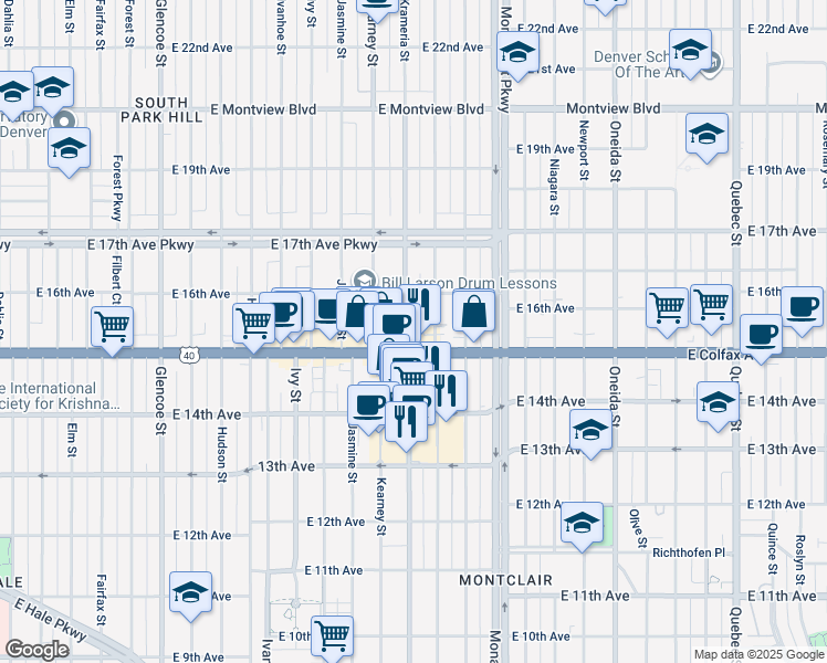 map of restaurants, bars, coffee shops, grocery stores, and more near 1540 Krameria Street in Denver