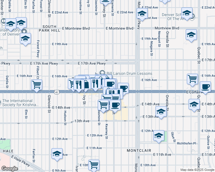 map of restaurants, bars, coffee shops, grocery stores, and more near 1536 Kearney Street in Denver