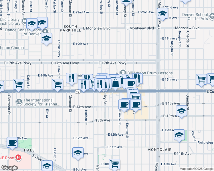 map of restaurants, bars, coffee shops, grocery stores, and more near 1543 Ivy Street in Denver