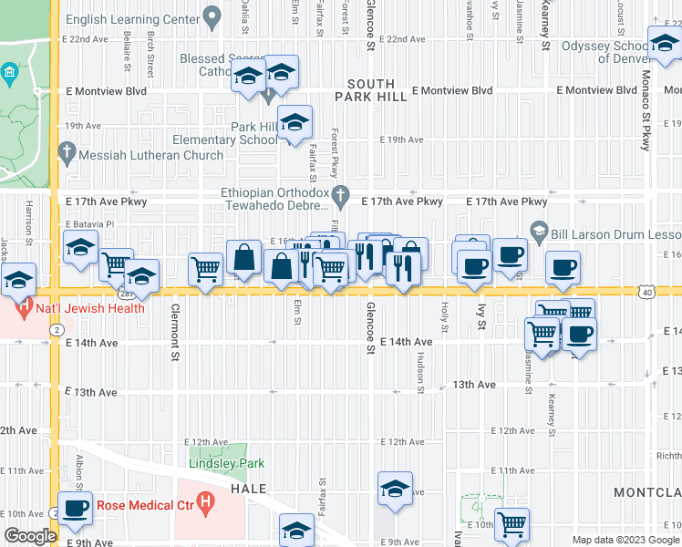 map of restaurants, bars, coffee shops, grocery stores, and more near 1534 Forest Street in Denver