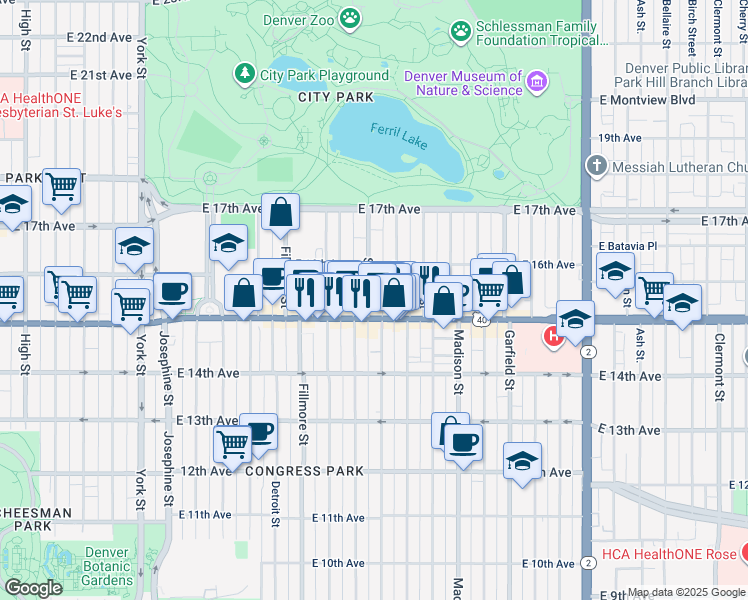 map of restaurants, bars, coffee shops, grocery stores, and more near 1541 Steele Street in Denver
