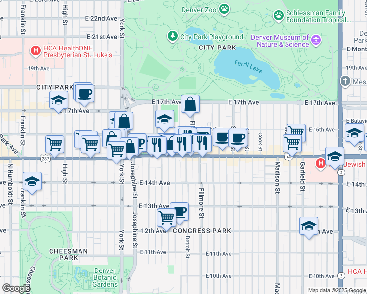 map of restaurants, bars, coffee shops, grocery stores, and more near 1538 Detroit Street in Denver