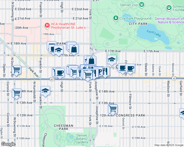 map of restaurants, bars, coffee shops, grocery stores, and more near 1544 York Street in Denver