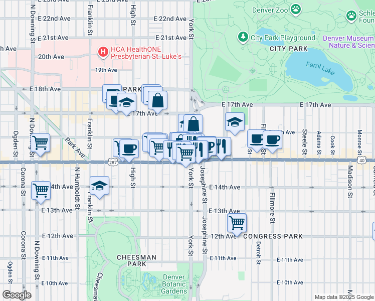 map of restaurants, bars, coffee shops, grocery stores, and more near 1544 York Street in Denver