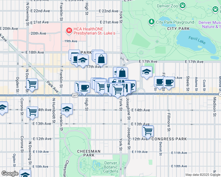map of restaurants, bars, coffee shops, grocery stores, and more near 1546 North Gaylord Street in Denver
