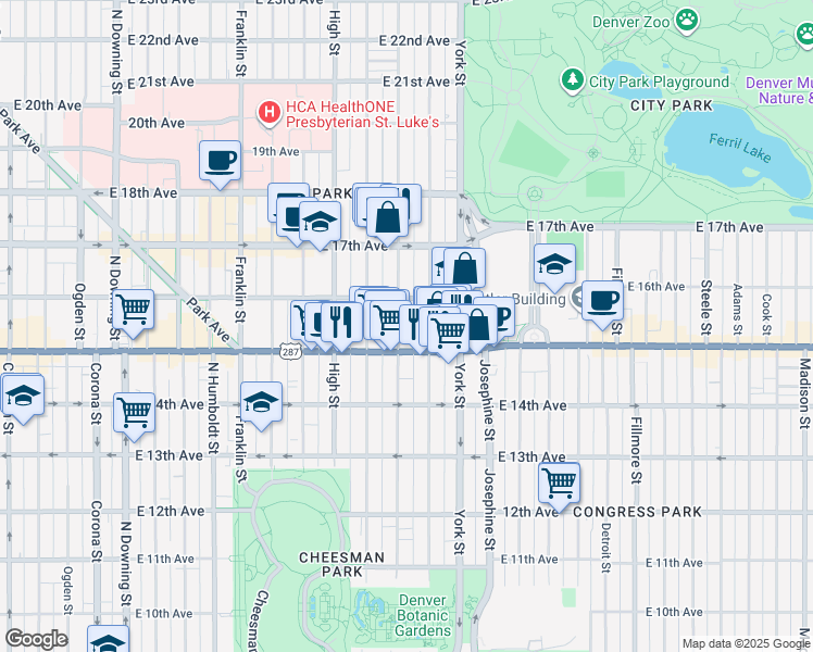 map of restaurants, bars, coffee shops, grocery stores, and more near 1555 Vine Street in Denver