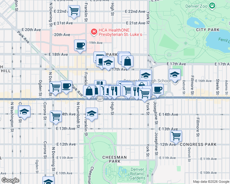 map of restaurants, bars, coffee shops, grocery stores, and more near in Denver