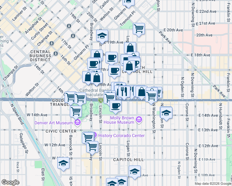 map of restaurants, bars, coffee shops, grocery stores, and more near 1535 Grant Street in Denver
