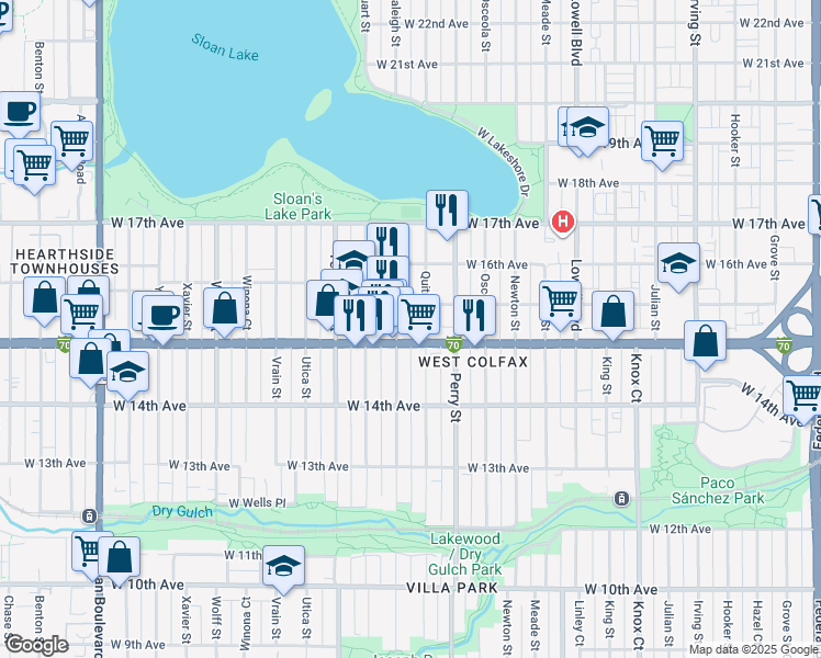 map of restaurants, bars, coffee shops, grocery stores, and more near 1524 Quitman Street in Denver