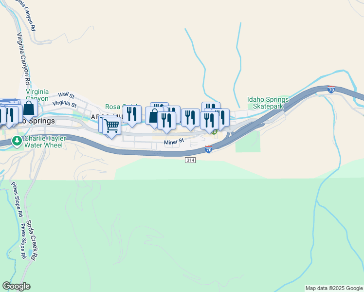 map of restaurants, bars, coffee shops, grocery stores, and more near 2800 Miner Street in Idaho Springs