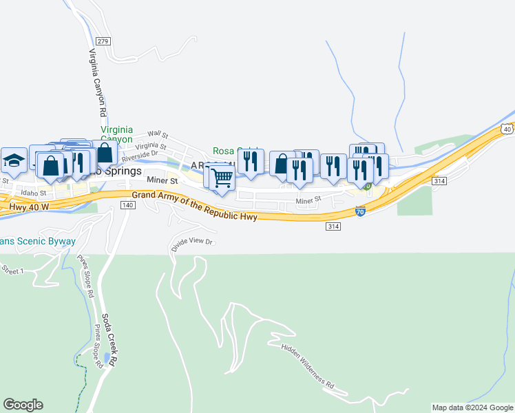 map of restaurants, bars, coffee shops, grocery stores, and more near 2505 Miner Street in Idaho Springs
