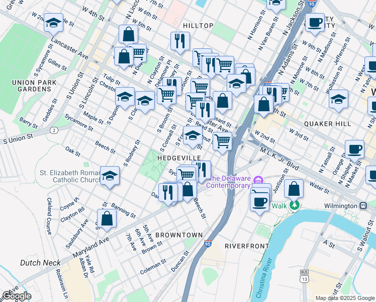 map of restaurants, bars, coffee shops, grocery stores, and more near 1128 Elm Street in Wilmington