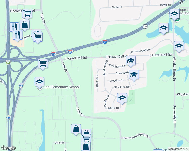map of restaurants, bars, coffee shops, grocery stores, and more near 4125 Pickfair Road in Springfield