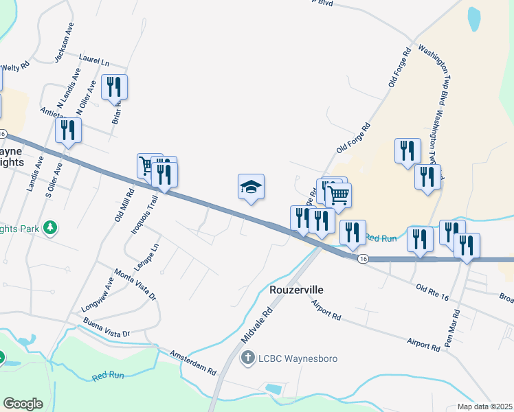 map of restaurants, bars, coffee shops, grocery stores, and more near 10829 Buchanan Trail East in Waynesboro