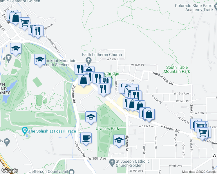 map of restaurants, bars, coffee shops, grocery stores, and more near 17509 South Golden Road in Golden