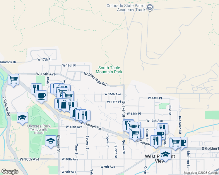 map of restaurants, bars, coffee shops, grocery stores, and more near 16572 Golden Hills Road in Golden