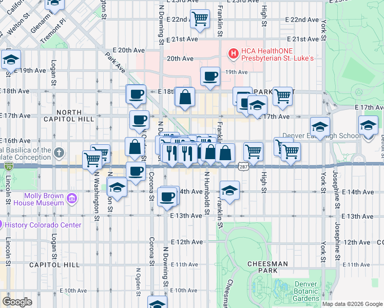 map of restaurants, bars, coffee shops, grocery stores, and more near 1526 Lafayette Street in Denver