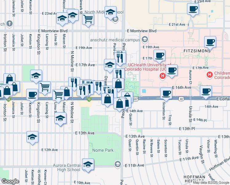 map of restaurants, bars, coffee shops, grocery stores, and more near 12033 East Colfax Avenue in Aurora