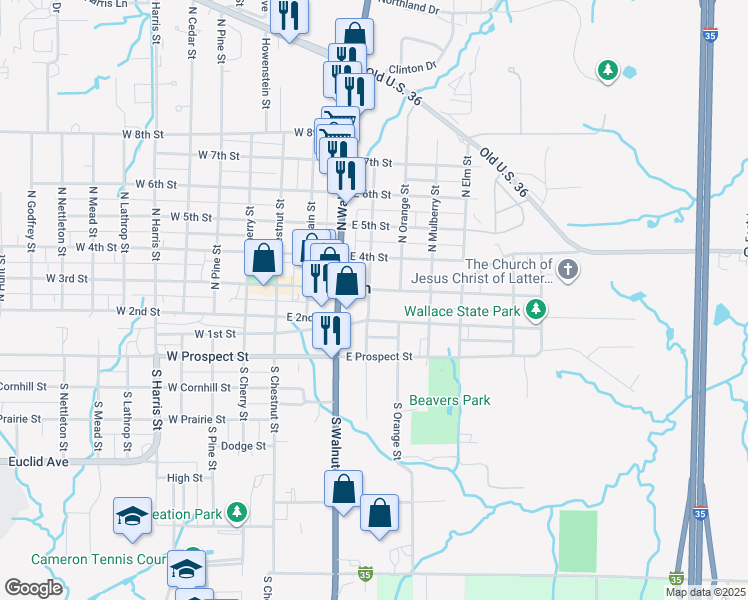 map of restaurants, bars, coffee shops, grocery stores, and more near 402 East 3rd Street in Cameron
