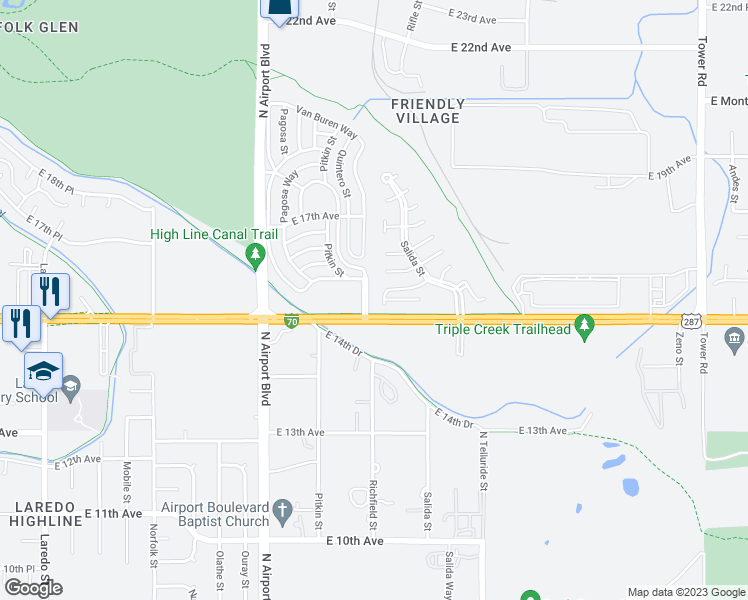 map of restaurants, bars, coffee shops, grocery stores, and more near 17411 East 15th Place in Aurora