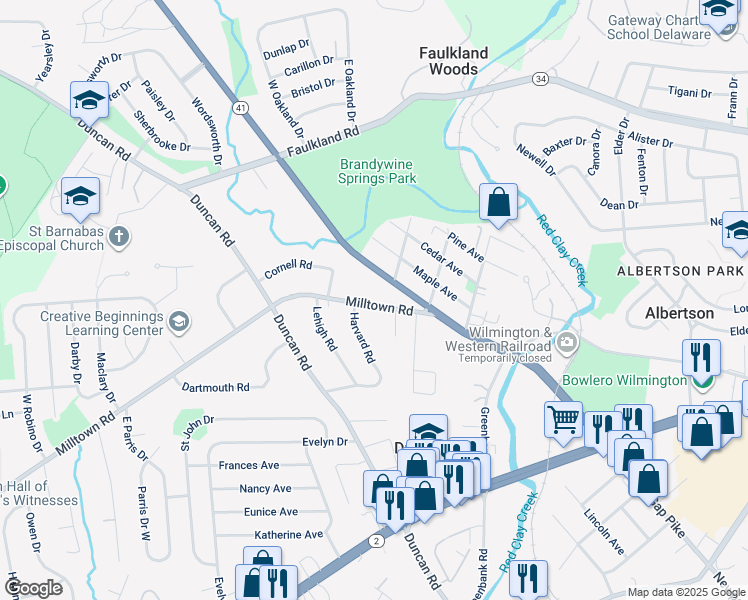 map of restaurants, bars, coffee shops, grocery stores, and more near 23 Milltown Road in Wilmington