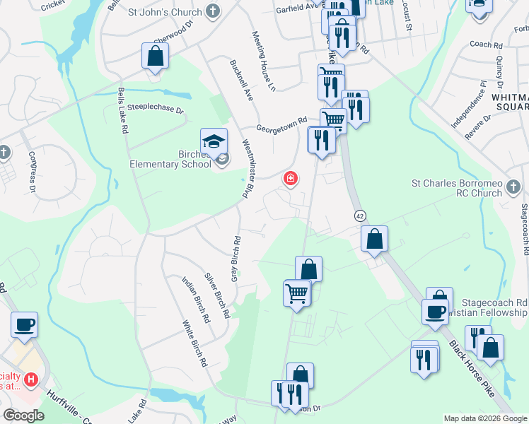 map of restaurants, bars, coffee shops, grocery stores, and more near 20 Melony Lane in Washington Township