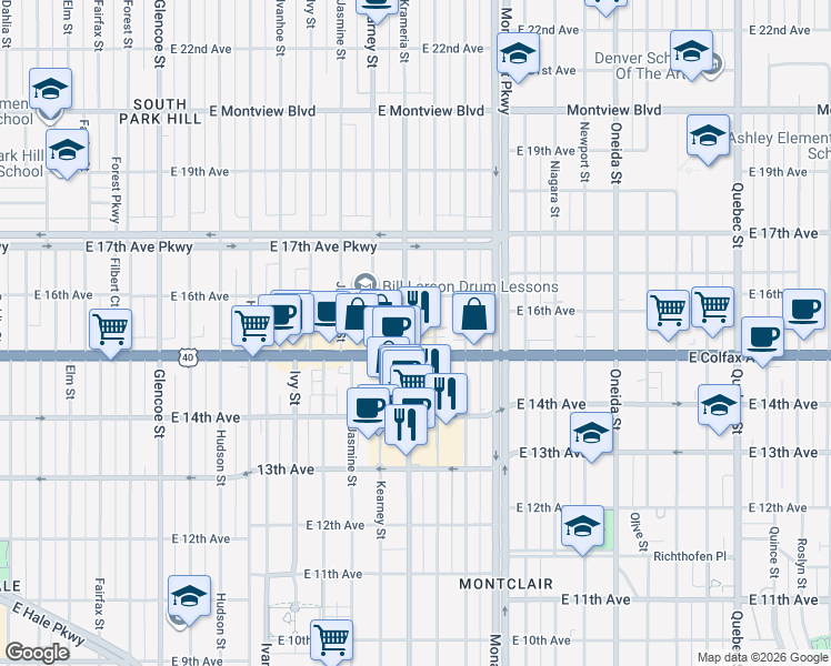 map of restaurants, bars, coffee shops, grocery stores, and more near 1540 Krameria Street in Denver
