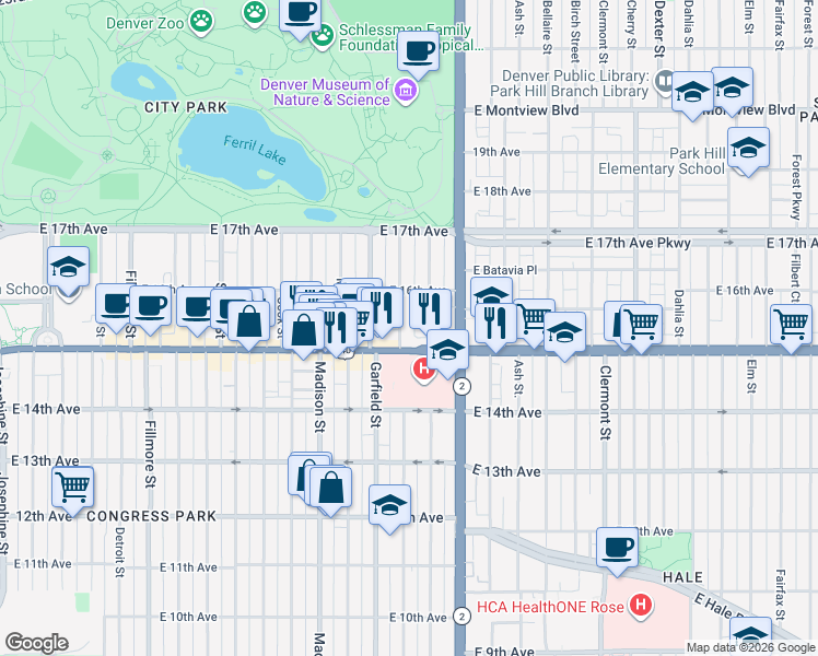 map of restaurants, bars, coffee shops, grocery stores, and more near 1547 Jackson Street in Denver