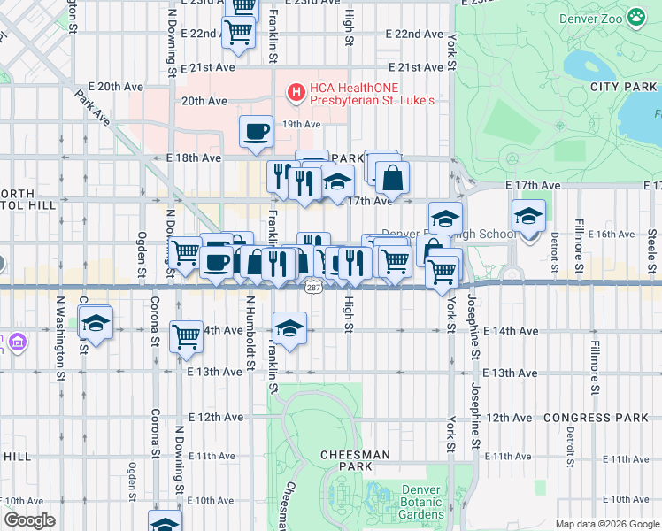 map of restaurants, bars, coffee shops, grocery stores, and more near 1546 North Williams Street in Denver