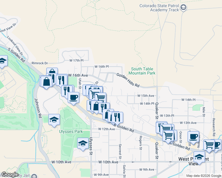 map of restaurants, bars, coffee shops, grocery stores, and more near 1546 Secrest Court in Golden