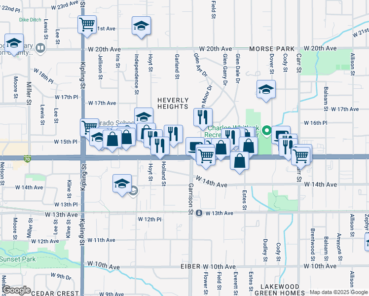 map of restaurants, bars, coffee shops, grocery stores, and more near 9201 West Colfax Avenue in Lakewood