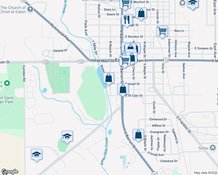 map of restaurants, bars, coffee shops, grocery stores, and more near 315 South Beech Street in Eaton