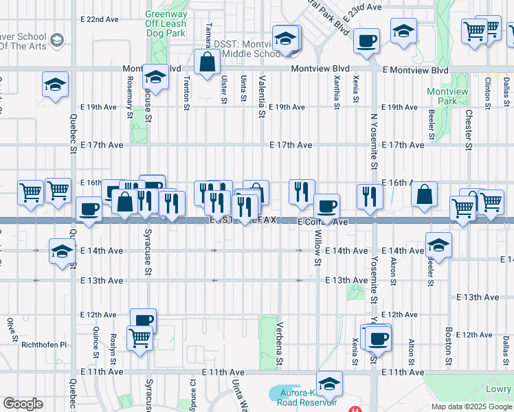 map of restaurants, bars, coffee shops, grocery stores, and more near 1525 Valentia Street in Denver