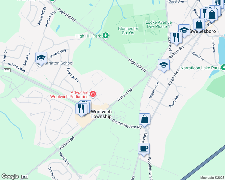 map of restaurants, bars, coffee shops, grocery stores, and more near 1053 Auburn Road in Swedesboro