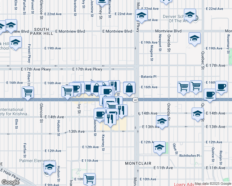 map of restaurants, bars, coffee shops, grocery stores, and more near 1531 Leyden Street in Denver