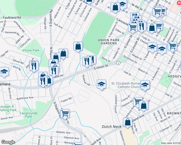map of restaurants, bars, coffee shops, grocery stores, and more near 1969 Lakeview Road in Wilmington