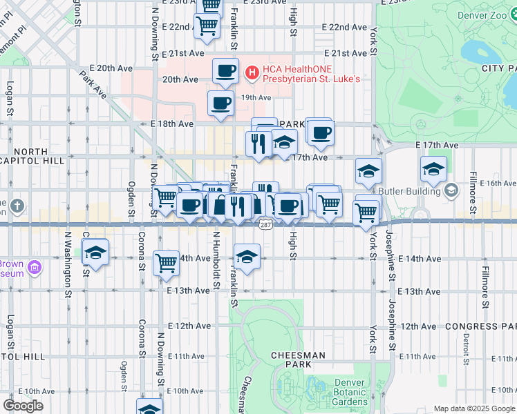 map of restaurants, bars, coffee shops, grocery stores, and more near 1540 Gilpin Street in Denver