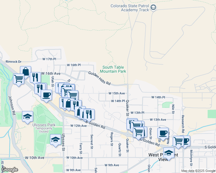 map of restaurants, bars, coffee shops, grocery stores, and more near 16665 Golden Hills Road in Golden