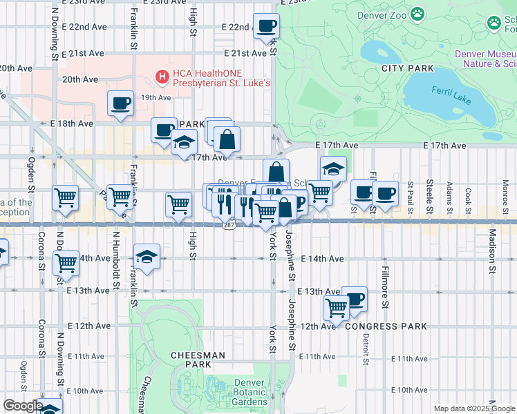 map of restaurants, bars, coffee shops, grocery stores, and more near 1546 North Gaylord Street in Denver