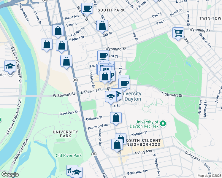 map of restaurants, bars, coffee shops, grocery stores, and more near 210 East Stewart Street in Dayton