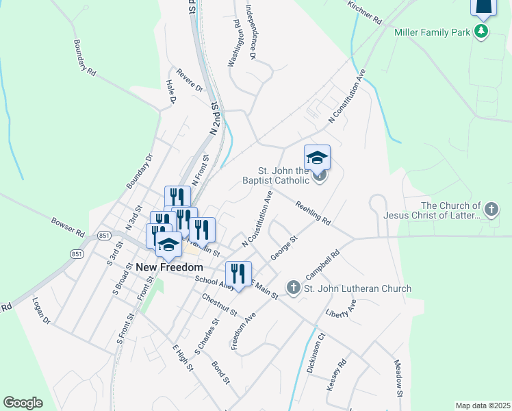map of restaurants, bars, coffee shops, grocery stores, and more near 212 N Constitution Ave in New Freedom